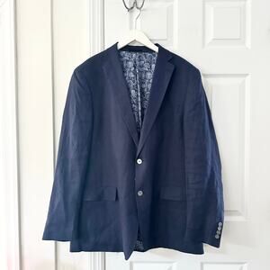 Lauren Ralph Lauren Navy Blue Linen Paisley Print Lining Two Button Blazer 46L